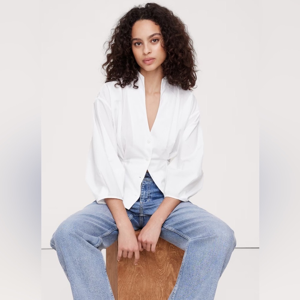 NWT Banana Republic Cotton Poplin Cinched Waist White Top Size XS
